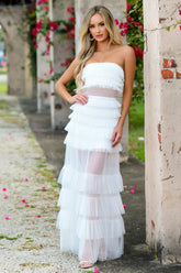Georgia Maxi Dress - White - Ruffle Tulle Dress With Sheer Detail