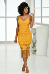 Khaleesi Dress - Mustard - Lace Dress With Fringe
