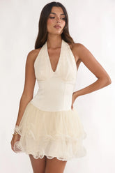 Ellery Halterneck Layered Hem Mini Dress Oyster