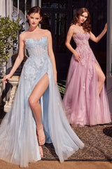 A1378 - STRAPLESS LAYERED TULLE BALL GOWN - LIGHT BLUE - Andrea & Leo