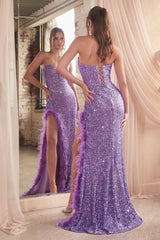 Tanya Gown - Feather Trim Sequin Dress - Black