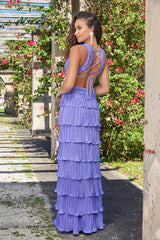 Saylor Pleated Satin Ruffle Maxi Dress - Periwinkle