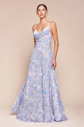 IRIS GOWN - BLUE - A-LINE SOFT CHIFFON PRINT DRESS