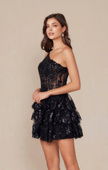 CHRISTIE MINI DRESS - BLACK - ONE SHOULDER TIERED SHORT DRESS