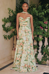 MEADOWS GOWN - STRAPLESS A-LINE SAGE FLORAL CHIFFON GOWN WITH SCARF