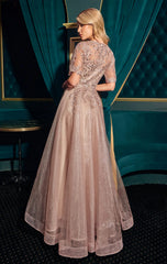 CLAUDIA GOWN - SHORT SLEEVE A-LINE GLITTER TULLE DRESS