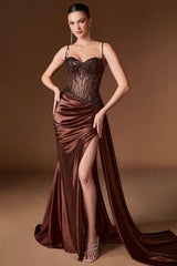 Teagan Gown - Espresso - Fitted Satin & Lace Dress