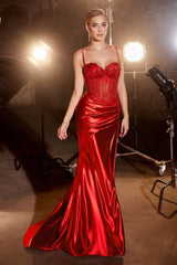 Teagan Gown - Red - Fitted Satin & Lace Dress