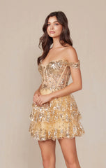 BRENNA MINI DRESS - GOLD - OFF SHOULDER TIERED SHORT DRESS
